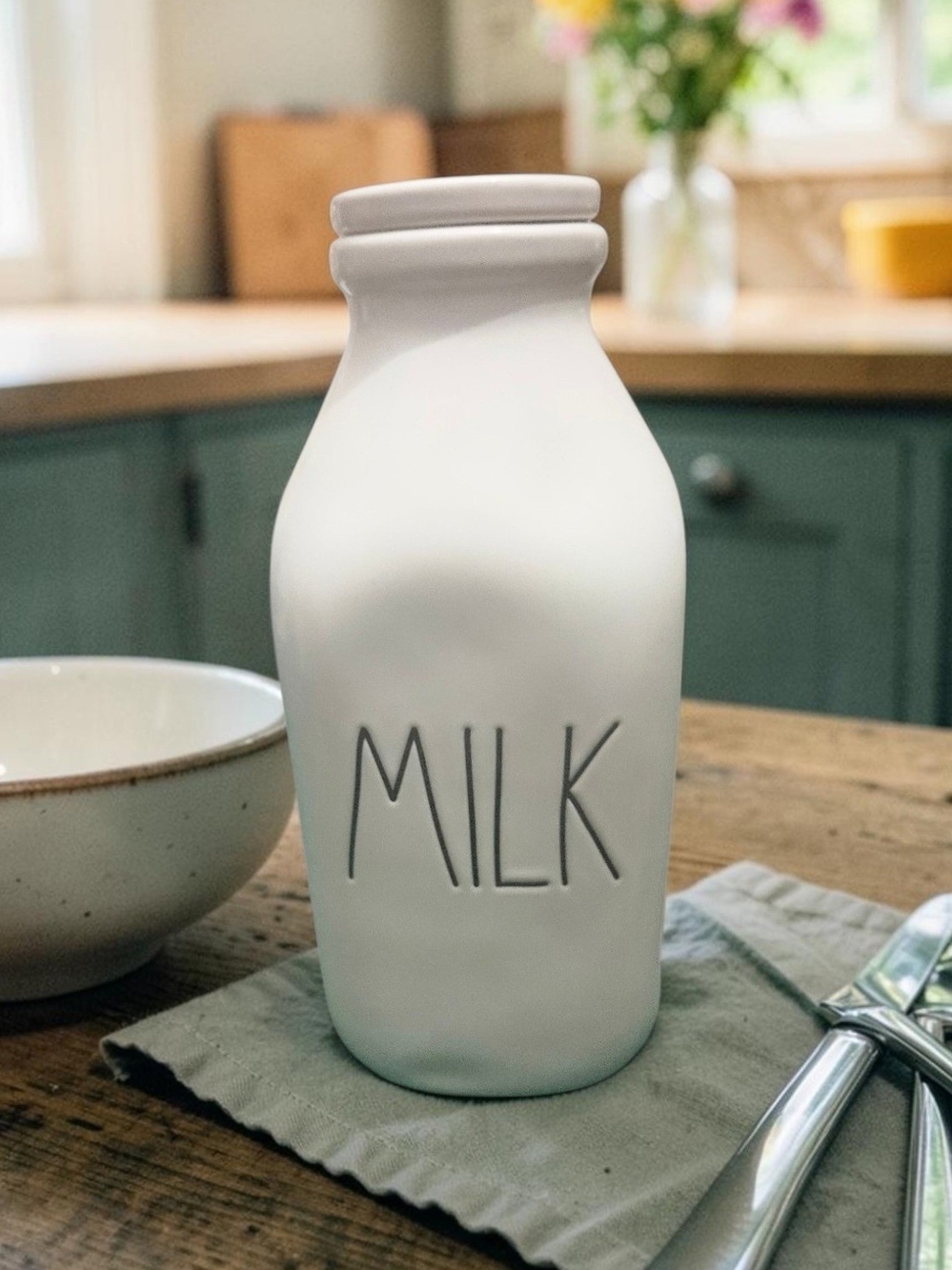 Rae Dunn MILK Ceramic Milk Bottle Farmhouse Kitchen Decor Collectible